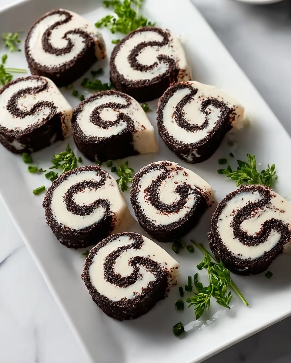 A large white rectangular plate displaying a whole assortment of dark chocolate and cream cheese pinwheel rolls, each piece perfectly formed with a smooth spiral pattern, arranged neatly with fresh green herb garnishes scattered around, shot from a 3/4 angle on a pristine white marble countertop in natural lighting, styled like a hero food magazine shot, photo taken with an iphone --ar 4:5 --v 7
