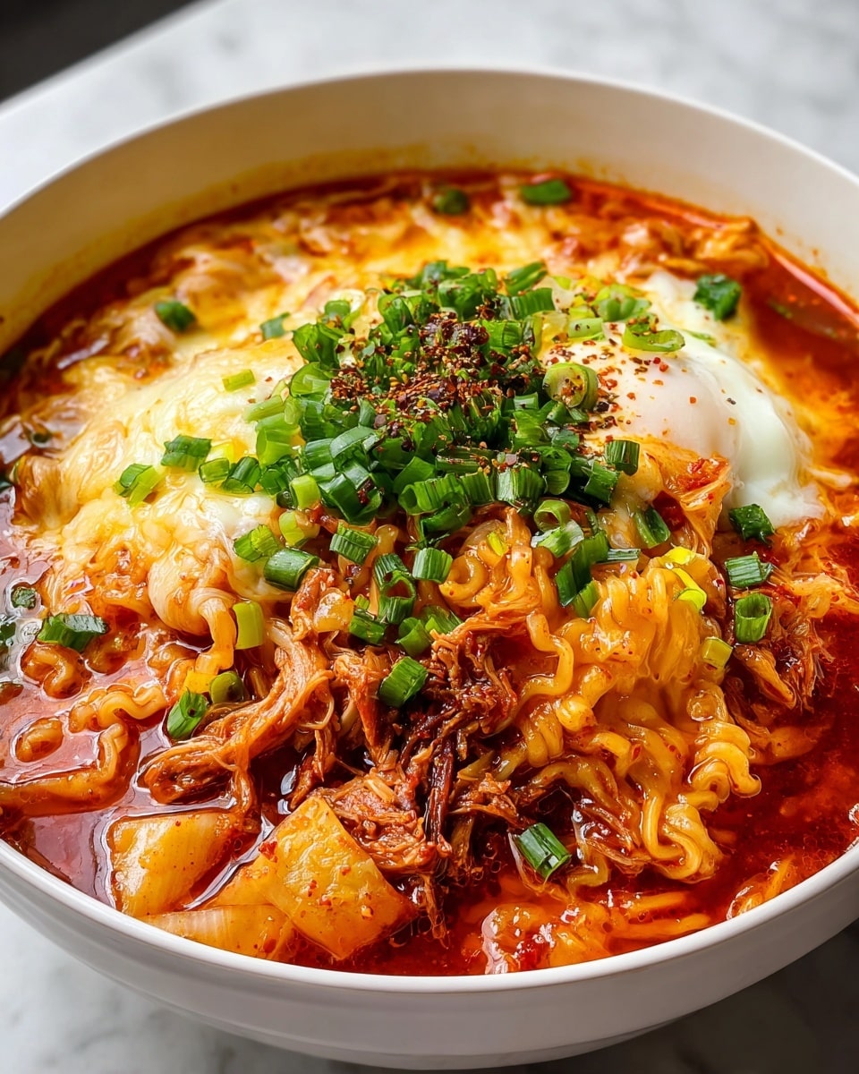 Large white bowl filled with a steaming, vibrant Korean kimchi jjigae soup, featuring an abundant serving of soft noodles submerged in rich red broth, generous chunks of kimchi, tender shredded pork, and melted cheese blanket, topped with freshly chopped green onions, garnished with spices floating on top; photographed from a 3/4 angle on a white marble countertop with natural lighting, styled as a hero shot from a food magazine, showing the entirety of the hearty dish, photo taken with an iphone --ar 4:5 --v 7