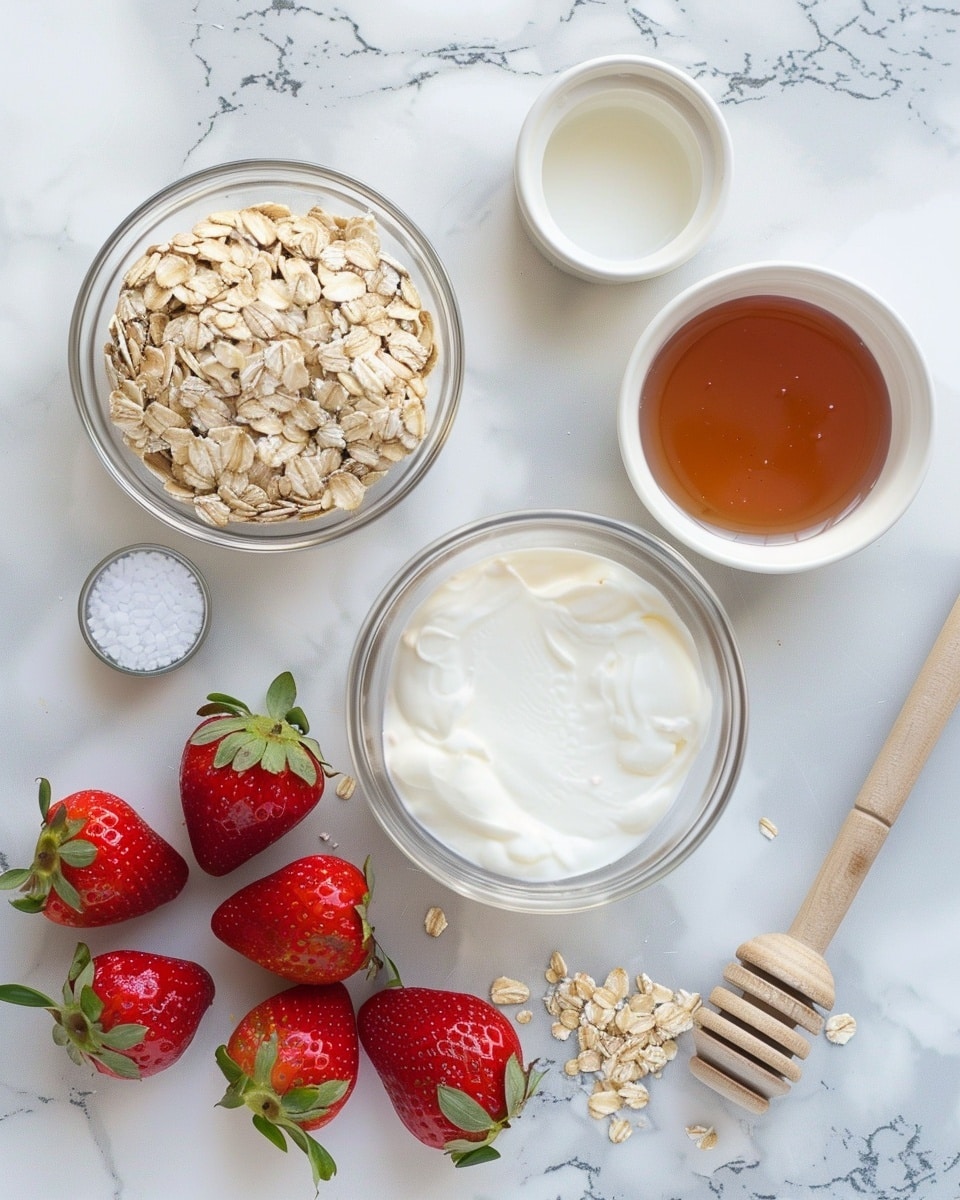 Single white bowl filled with a creamy serving of strawberry overnight oats, close-up angled shot revealing the textured mixture of oats soaked in a pink strawberry-infused cream, topped with fresh sliced strawberries that highlight the vibrant red interior, placed on a white marble surface, natural lighting emphasizing the fresh and inviting look, styled as an intimate plated serving from a food blog, photo taken with an iphone --ar 4:5 --v 7