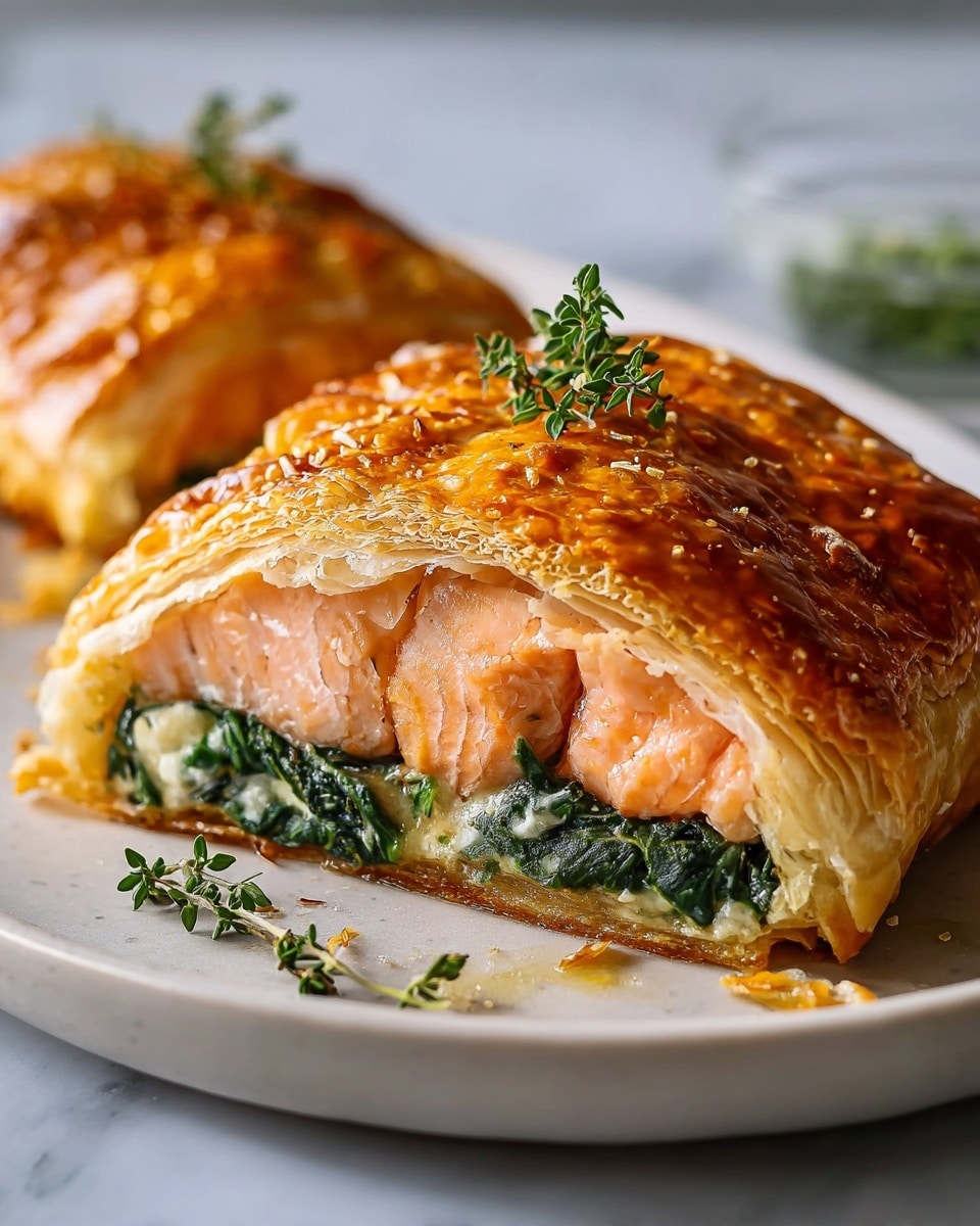 Large white rectangular baking dish filled with four whole golden-brown salmon en croûte pastries, each wrapped in flaky puff pastry with visible herbs and spinach peeking through, garnished with fresh sprigs of thyme, presented on white marble countertop under natural lighting, professional food styling photo taken with an iphone --ar 4:5 --v 7