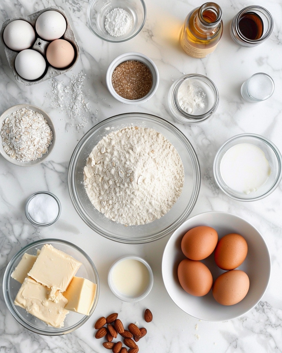 A single white square plate holding one slice of almond crumb cake, angled to reveal the soft, moist interior layers filled with a creamy custard or cream cheese filling, topped with a thin glaze and sprinkled generously with toasted almond slices and powdered sugar, natural light highlighting the delicate crumb texture and glossy topping, placed on a white marble surface, styled in an intimate food blog presentation, photo taken with an iphone --ar 4:5 --v 7