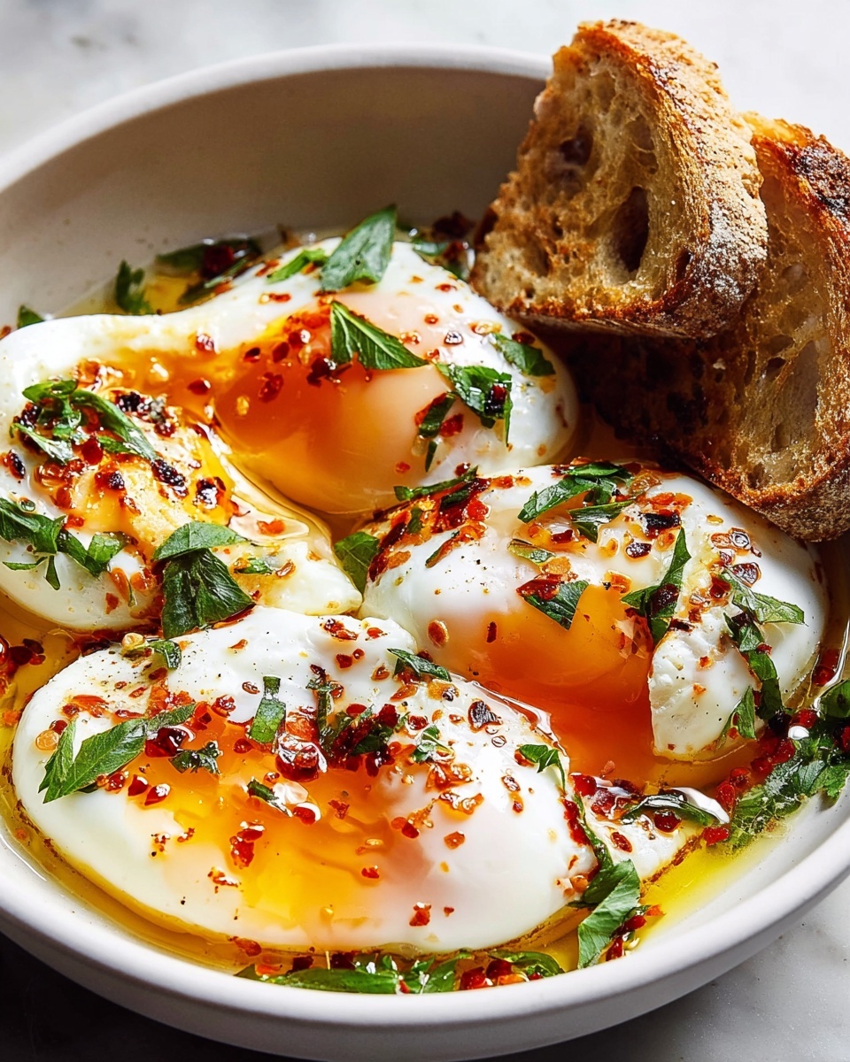 Jammy Eggs with Chili Butter and Garlic Yogurt Recipe 6 Large white bowl filled with several perfectly poached eggs, each with glossy, slightly runny yolks, sprinkled generously with vibrant red chili flakes and freshly chopped green herbs, accompanied by rustic toasted bread pieces nestled beneath the eggs, whole dish captured in a professional 3/4 angle shot on a white marble countertop with natural lighting, styled like a hero food magazine photo taken with an iphone --ar 4:5 --v 7