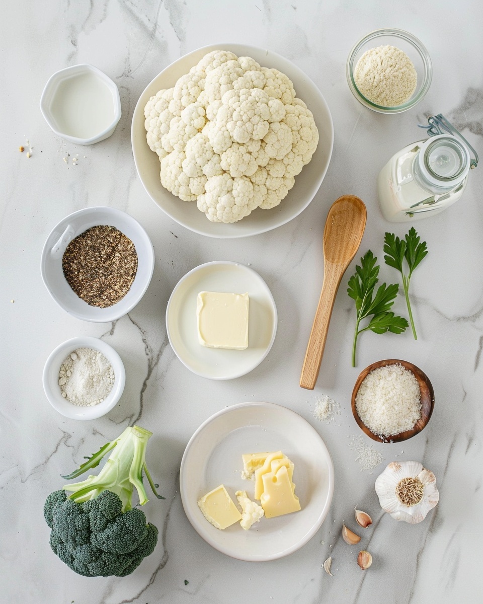 Single white plate with one generous portion of creamy baked macaroni and cheese topped with golden-brown roasted cauliflower florets and a crisp layer of toasted breadcrumbs, close-up angled shot revealing tender macaroni spirals coated in rich cheese sauce beneath the crunchy, herb-speckled crust, garnished with freshly chopped parsley, sitting on white marble surface, natural lighting highlighting textures and colors, styled like a food blog serving photo taken with an iphone --ar 4:5 --v 7