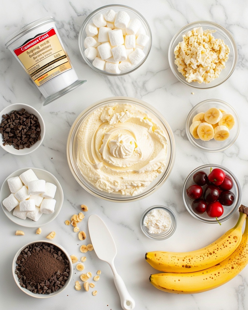 Banana Split Fluff Salad Recipe 5 Single white bowl featuring one serving of a classic banana split dessert, showing scoops of vanilla ice cream nestled between sliced ripe bananas, topped with generous swirls of whipped cream drizzled with rich chocolate syrup and sprinkled with crunchy nut pieces, crowned by a vibrant red maraschino cherry, close-up angle revealing creamy textures and fresh fruit details, placed on a white marble surface with natural lighting, styled as a gourmet single portion from a food blog, photo taken with an iphone --ar 4:5 --v 7
