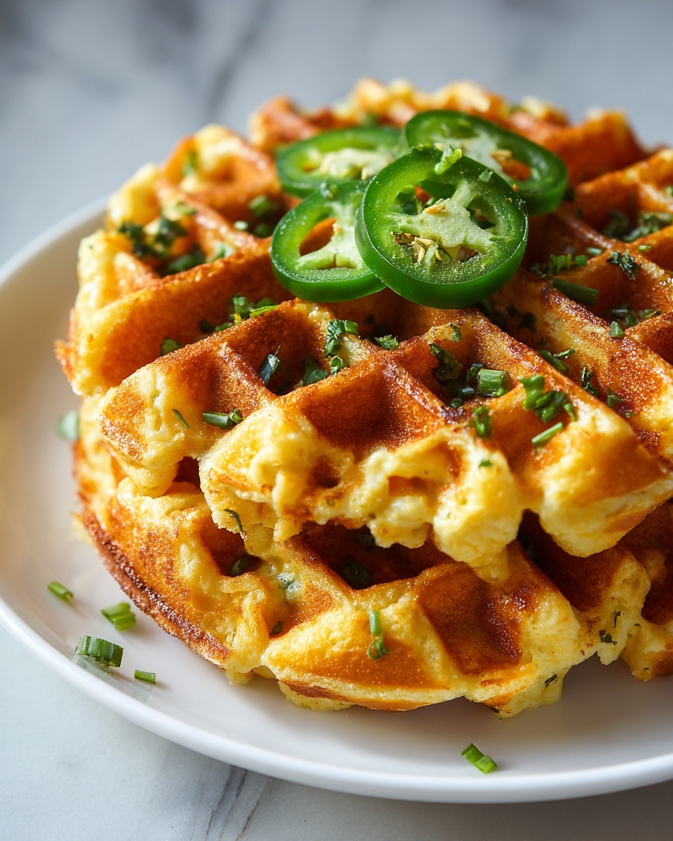 A large white plate showcasing a perfectly golden, whole waffle with a crispy outer edge and a fluffy interior, topped with melted shredded cheese, slices of fresh jalapeño, and sprinkled with chopped cilantro, whole waffle presented in a professional overhead or 3/4 angle shot on a pristine white marble background, illuminated by natural lighting, styled like a hero shot from a food magazine, photo taken with an iphone --ar 4:5 --v 7