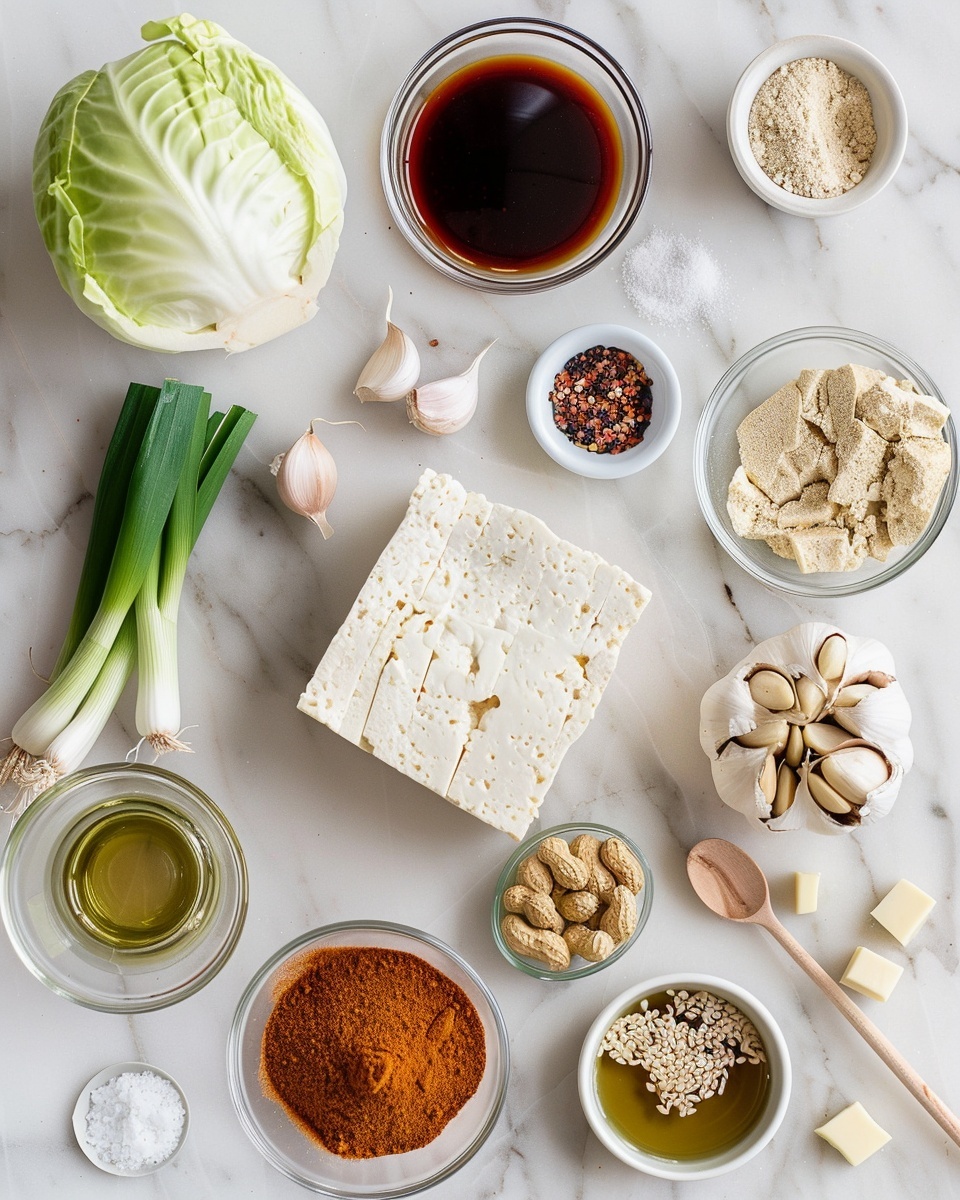 Dan Dan Charred Cabbage with Tofu Crumble and Spicy Sesame Sauce Recipe 5 Single white plate presenting a generous portion of steamed white rice topped with a wedge of sautéed cabbage, drizzled with creamy peanut sauce, and sprinkled with crunchy toasted crumbs and chopped peanuts, accented by thinly sliced green onions, close-up angled view revealing the soft, layered interior of the cabbage and textures of the topping, all set on a white marble surface with natural lighting, styled as an intimate plated serving, photo taken with an iphone --ar 4:5 --v 7