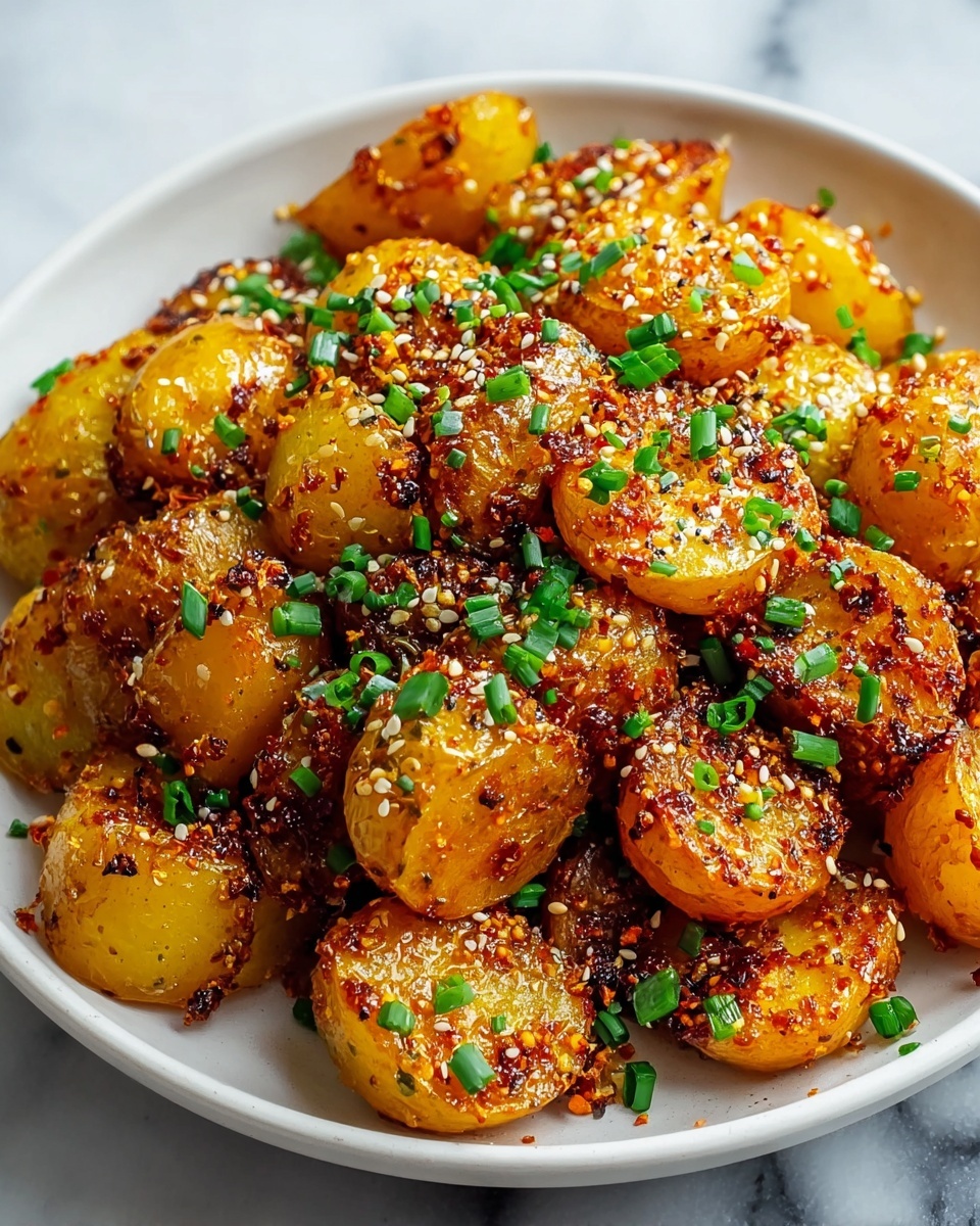 Large white serving bowl filled with a generous portion of golden roasted baby potatoes, coated in a rich, crispy seasoning blend with specks of chili flakes and sprinkled with toasted sesame seeds and finely chopped fresh green chives, the whole dish captured from a professional 3/4 angle shot on a white marble surface, natural lighting highlighting the vibrant colors and textures, styled like a hero food magazine photo taken with an iphone --ar 4:5 --v 7