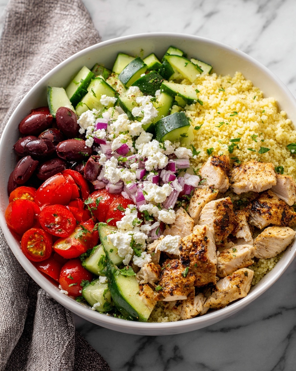 Large white bowl filled with a complete Greek-inspired couscous salad, showcasing fluffy golden couscous, tender seasoned chicken pieces, crisp chopped cucumbers, juicy halved cherry tomatoes, crumbled creamy feta cheese, and finely chopped Kalamata olives, all arranged beautifully and vibrantly to highlight freshness, photographed from a 3/4 angle on a white marble countertop with natural lighting, professional food magazine hero shot photo taken with an iphone --ar 4:5 --v 7