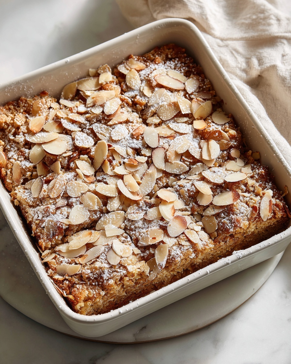 Gluten-Free Almond Croissant Baked Oats Recipe 6 Square white baking dish filled with a whole batch of almond and oat bars, featuring a golden-brown crumbly texture topped generously with sliced almonds and a dusting of powdered sugar, whole dish captured from a 3/4 angle on a white marble countertop with natural lighting, styled professionally like a hero shot from a food magazine, photo taken with an iphone --ar 4:5 --v 7