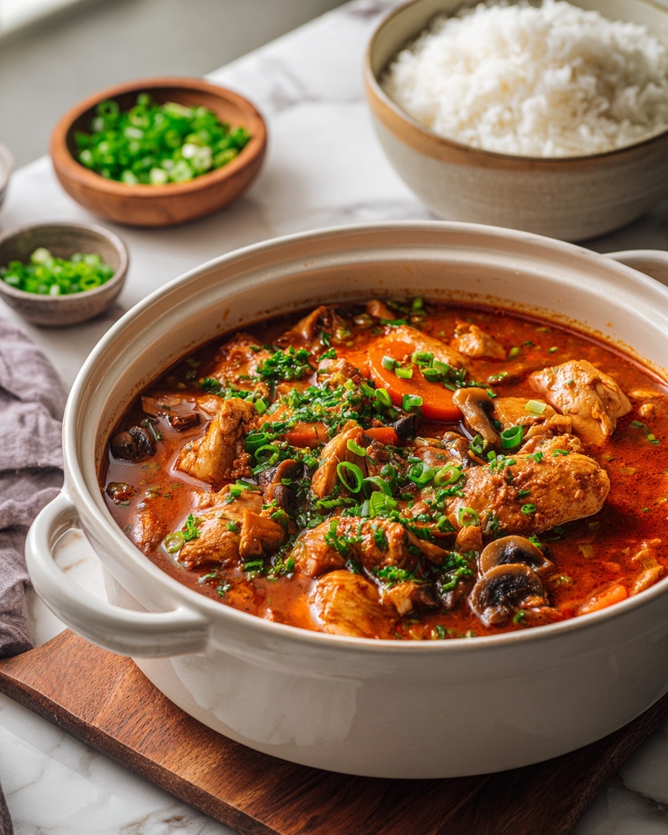 Large white ceramic pot filled with hearty chicken stew featuring whole chunks of tender chicken, sliced mushrooms, and thick carrot pieces in a rich, vibrant reddish-orange broth, garnished generously with chopped fresh green onions, set on a wooden table with a small wooden bowl of green onions and a large white bowl of fluffy white rice in the background, shot from a 3/4 angle on a white marble surface with natural lighting, styled as a professional food magazine hero shot, photo taken with an iphone --ar 4:5 --v 7