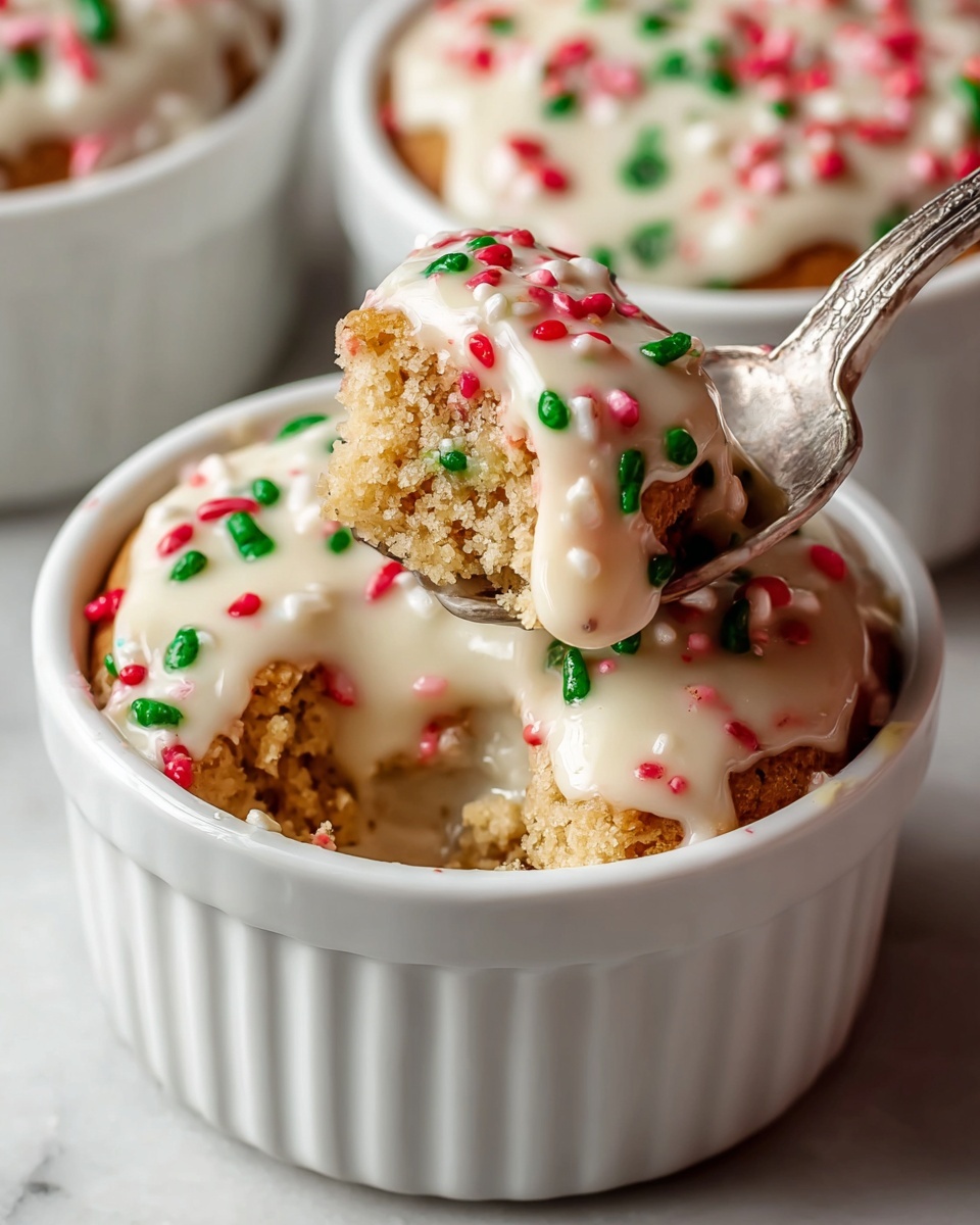 Large white ramekin filled with a whole holiday-themed cookie cake topped with creamy white icing and festive red, green, white, and pink sprinkles, presented as the entire uncut dessert, showcased from a close 3/4 angle on a white marble surface with natural lighting, styled as a professional food magazine hero shot, photo taken with an iphone --ar 4:5 --v 7