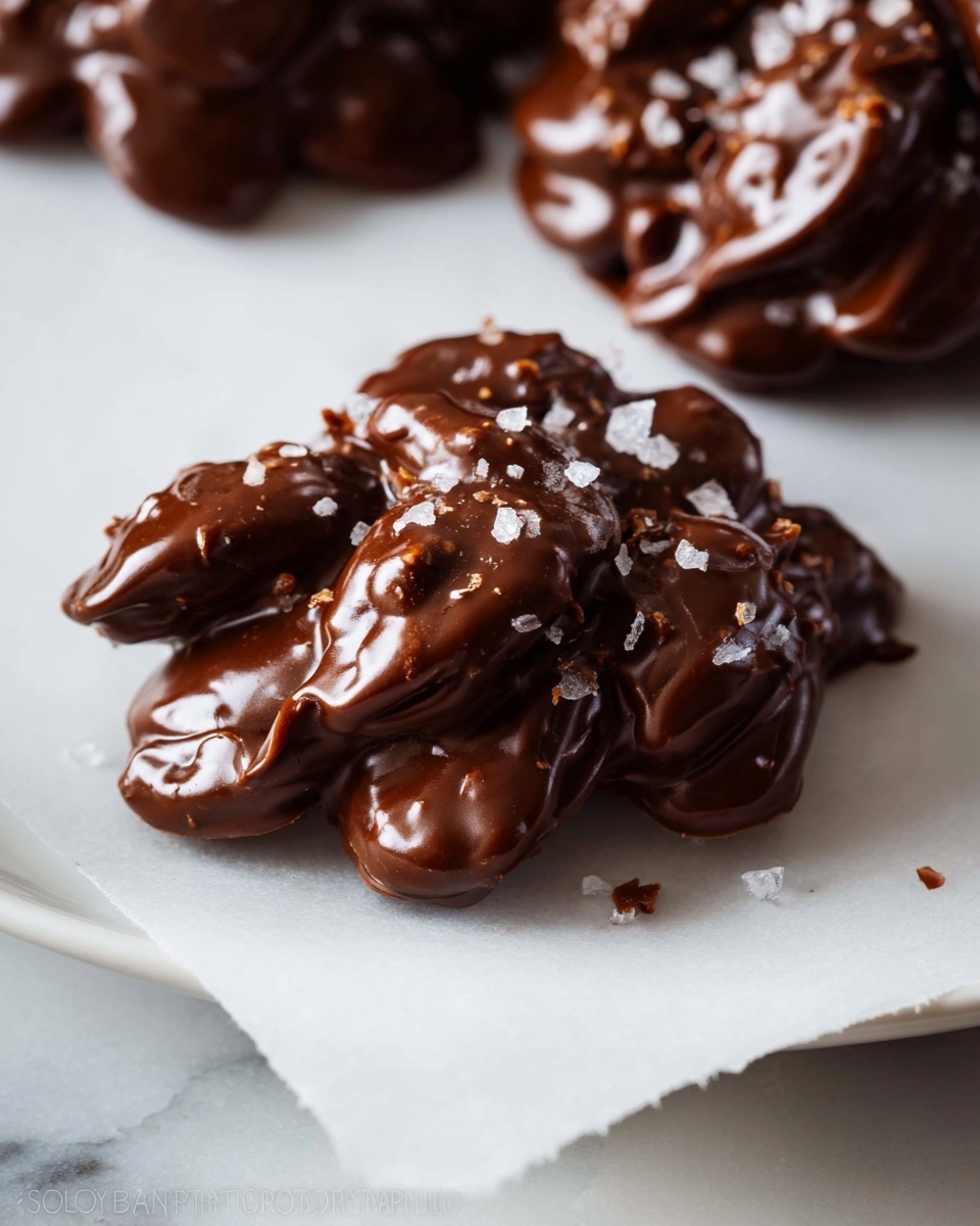 Sea Salt Dark Chocolate Almond Clusters Recipe 6 Large white serving tray filled with an assortment of glossy, individually shaped dark chocolate clusters studded with whole and halved nuts, each topped with delicate flakes of sea salt, arranged evenly across the tray to showcase their rich texture and glossy finish, photographed from a 3/4 angle on a white marble countertop with natural lighting, styled as a professional food magazine hero shot, photo taken with an iphone --ar 4:5 --v 7