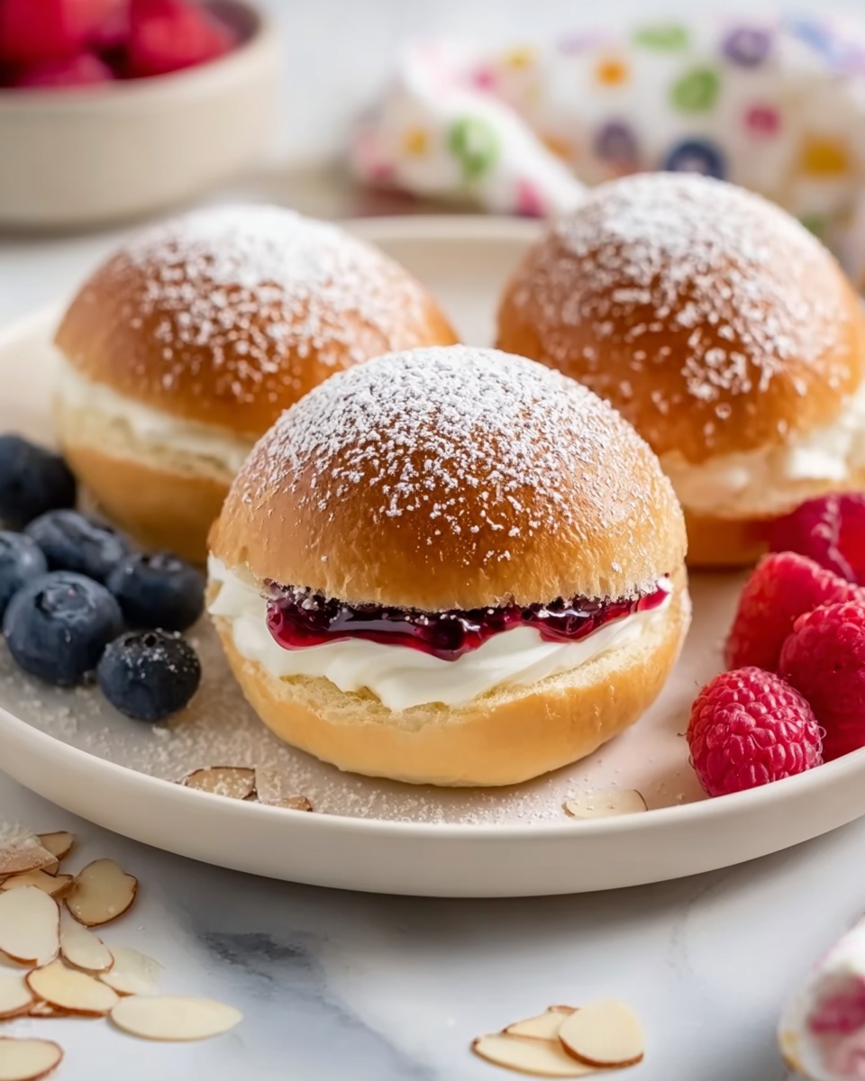 A white rectangular platter filled with a full assortment of freshly baked mini sandwich-style pastries, each with a golden-brown bun dusted lightly with powdered sugar, layered with smooth cream and a vibrant red berry jam, surrounded by scattered toasted almond flakes and garnished with fresh blueberries and raspberries, all arranged in a neat, visually appealing presentation, photographed from a 3/4 angle on a white marble countertop with natural lighting, capturing the entire dish in a professional food magazine style photo taken with an iphone --ar 4:5 --v 7