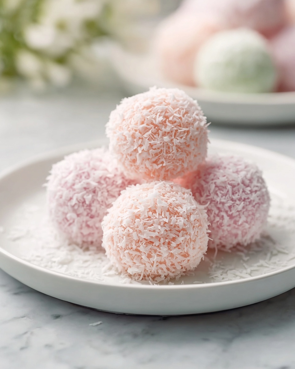 White plate filled with a colorful pyramid of pastel-colored coconut-covered mochi balls in soft shades of pink, green, and lavender, each generously coated with shredded coconut flakes, whole dish photographed from a 3/4 angle on white marble countertop with natural light, professional food styling photo taken with an iphone --ar 4:5 --v 7