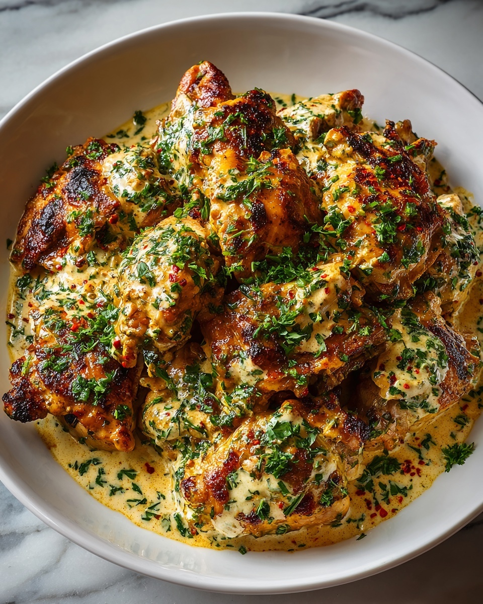Large white serving bowl filled with whole pieces of grilled chicken thighs generously coated in a creamy herb sauce with vibrant flecks of fresh parsley and paprika, the full dish showing the abundant saucy texture and rich golden char, presented on a white marble surface with natural lighting, professional food magazine style photo taken with an iphone --ar 4:5 --v 7