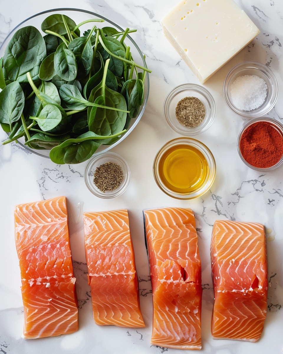 Single white plate with one portion of stuffed salmon fillet topped with creamy spinach and diced red bell peppers, close-up angle highlighting the flaky salmon texture and rich filling inside, natural light reflecting on the glossy surface, white marble background, styled food blog presentation, intimate plated serving photo taken with an iphone --ar 4:5 --v 7