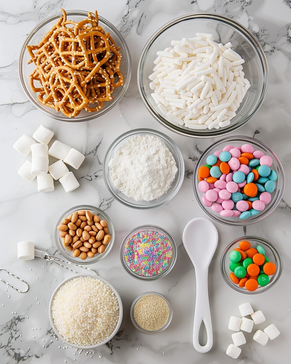 Single white bowl filled with a close-up serving of colorful Easter-themed snack mix featuring pastel candy-coated chocolate eggs, mini pretzels, cereal pieces, and small marshmallows, all drizzled with thick creamy peanut butter sauce pouring gently over the top, showcasing the texture contrast between crunchy snack pieces and smooth sauce, placed on white marble surface under natural lighting, styled as a ready-to-eat intimate plated serving photo taken with an iphone --ar 4:5 --v 7