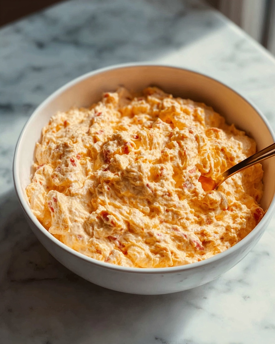 Large white serving bowl filled with creamy, fluffy pimento cheese made with shredded sharp cheddar blended smoothly with mayonnaise and pimentos, showcasing the rich orange color and slightly textured mix of cheese and peppers, entire bowl framed beautifully on a white marble countertop, natural daylight highlights, professional food magazine hero shot photo taken with an iphone --ar 4:5 --v 7