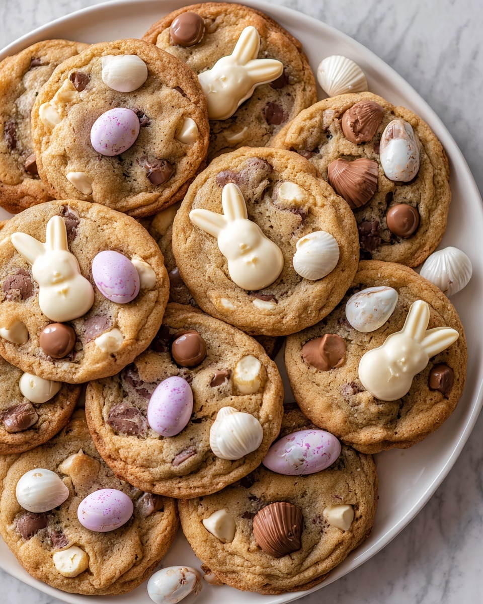 Close-up overhead shot of a large white platter filled with freshly baked chocolate chip cookies, each topped with whole milk chocolate bunny shapes, white chocolate seashells, and small speckled pastel candy eggs, cookies golden brown with visible chunks of white and milk chocolate, arranged neatly together to showcase the full batch, presented on a white marble countertop with natural lighting, styled like a hero shot in a food magazine, photo taken with an iphone --ar 4:5 --v 7