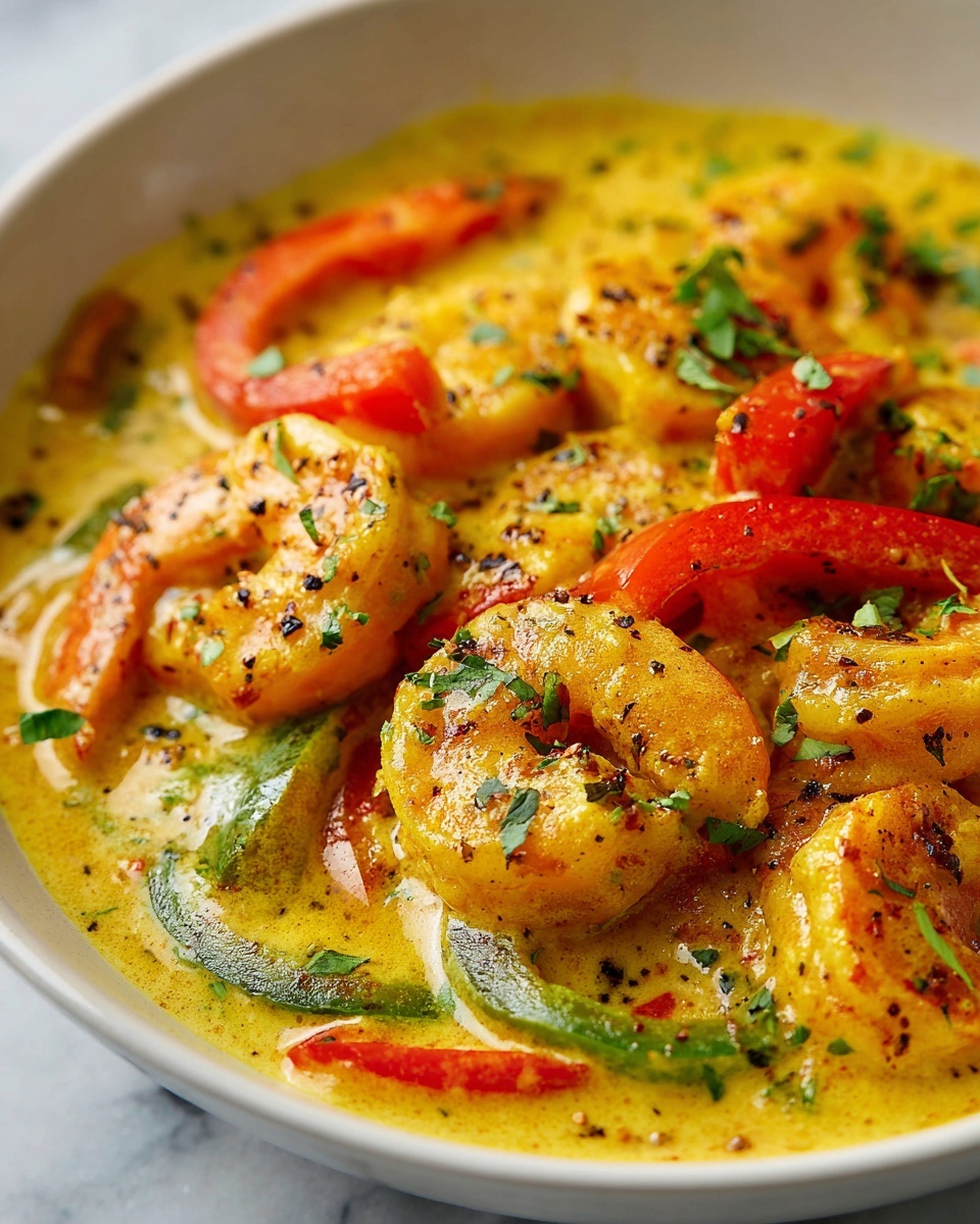 Jamaican Curry Shrimp Recipe 6 Large white skillet filled with creamy shrimp curry, showcasing whole plump shrimp cooked in rich golden coconut curry sauce, infused with vibrant strips of red and green bell peppers and sautéed onions, garnished with fresh herbs and cracked black pepper, the full dish displayed on a white marble countertop with natural lighting, styled as a professional food magazine hero shot, photo taken with an iphone --ar 4:5 --v 7