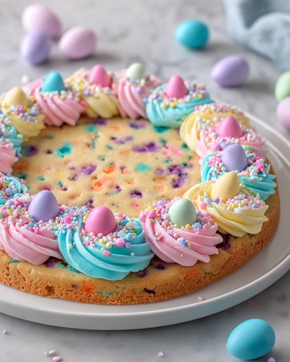 Whole round Easter-themed sugar cookie cake displayed on a large white plate, decorated with evenly spaced swirls of pastel pink, blue, and yellow frosting around the edge, topped with colorful candy eggs in soft pastel shades and sprinkled with multicolored nonpareils and sugar pearls, the cookie base textured with embedded candy pieces, all photographed in a 3/4 angle view on a white marble surface under natural lighting, styled as a professional food magazine hero shot photo taken with an iphone --ar 4:5 --v 7