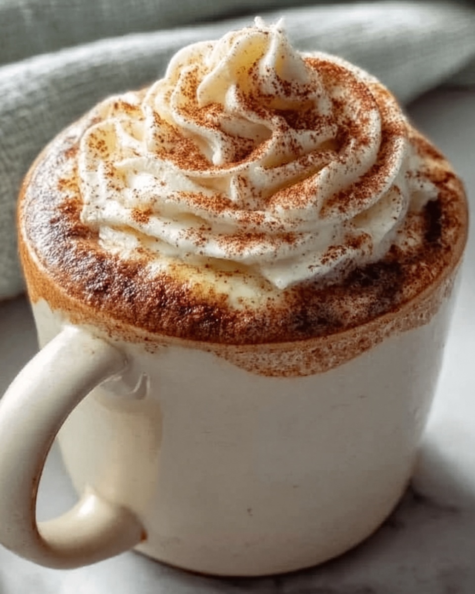 Large white mug filled to the brim with richly textured cinnamon-spiced beverage topped with a generous swirl of whipped cream and a dusting of cinnamon powder, showcasing the entire untouched mug on a white marble surface, photographed with natural lighting from a 3/4 angle, capturing the inviting warmth and creamy texture like a hero food magazine shot, photo taken with an iphone --ar 4:5 --v 7