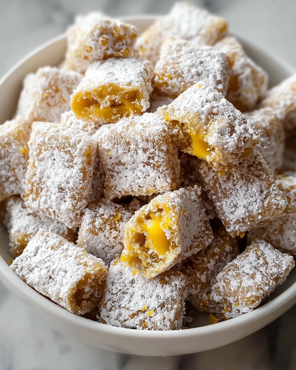 Large white bowl filled with a generous amount of square-shaped caramel and powdered sugar coated bite-sized candies, each piece showcasing a translucent amber center, surrounded by more candies scattered around the bowl on a black surface, entire scene captured from above, white marble background, natural lighting, professional food magazine hero shot photo taken with an iphone --ar 4:5 --v 7