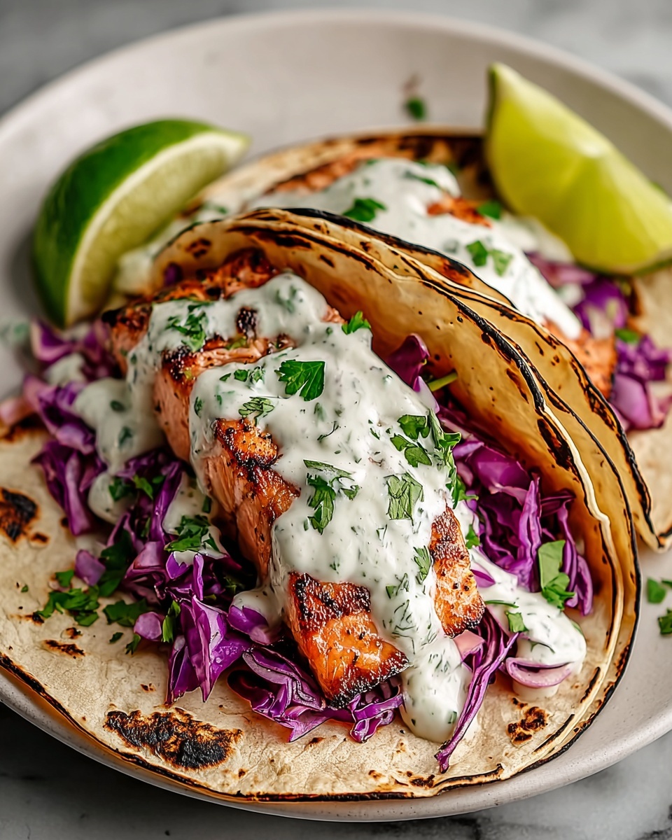 Easy Salmon Tacos with Slaw and Creamy Lime Kick Recipe 6 Large white rectangular platter artfully arranged with multiple whole grilled salmon tacos, each loaded with perfectly charred salmon fillets, vibrant shredded purple cabbage, and a generous drizzle of creamy cilantro lime sauce, sprinkled with fresh chopped cilantro leaves, accompanied by crisp lime wedges on the side, photographed from a 3/4 angle on a white marble countertop with natural lighting, professional food magazine hero shot, photo taken with an iphone --ar 4:5 --v 7