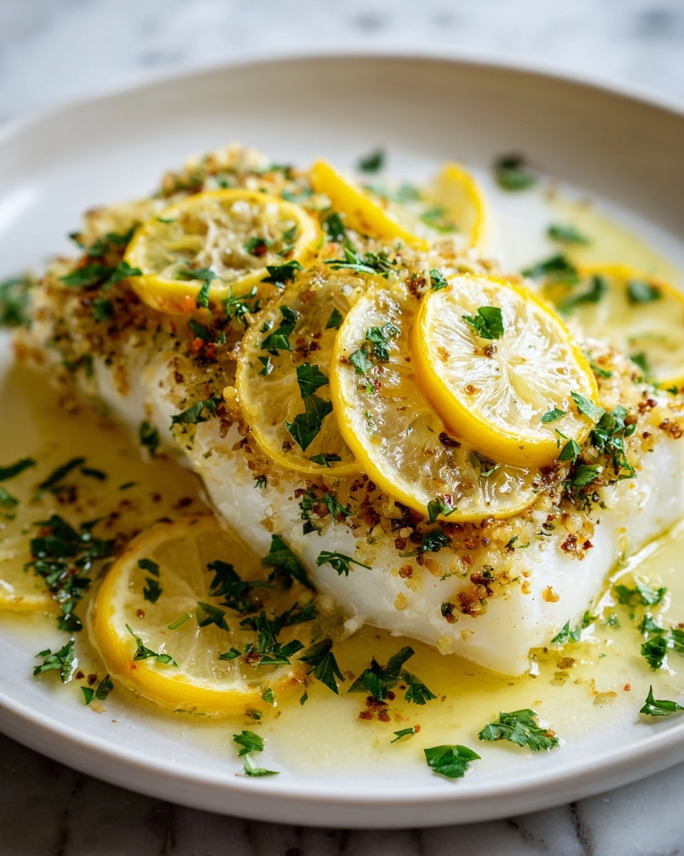 White rectangular baking dish filled with multiple portions of perfectly baked cod fillets topped with thin lemon slices, sprinkled with cracked black pepper, minced garlic, and fresh chopped parsley, all bathed in a light, glossy lemon butter sauce, photographed from a close 3/4 angle with natural lighting on a white marble background, professional food magazine hero shot, photo taken with an iphone --ar 4:5 --v 7