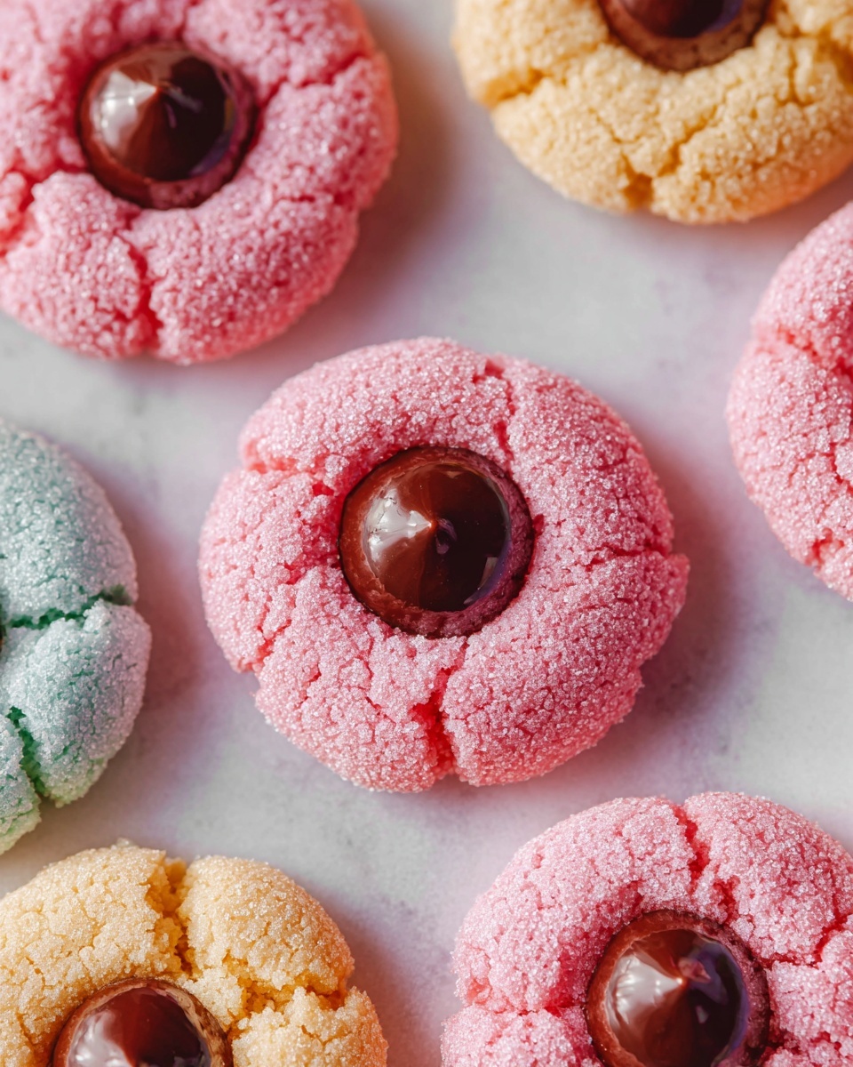 Quick & Easy Easter Blossom Cookies Recipe 6 A white plate filled with a full batch of colorful sugar-coated thumbprint cookies, each cookie generously topped with a smooth chocolate kiss in the center, showcasing a vibrant array of pink, purple, yellow, blue, green, and red hues, arranged neatly and closely on the plate, whole dish photographed from a 3/4 angle on a white marble countertop with natural lighting, styled as a professional food magazine hero shot, photo taken with an iphone --ar 4:5 --v 7