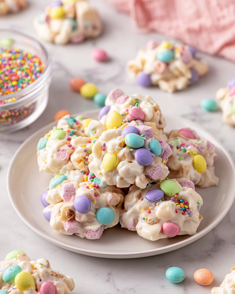 Spring Crockpot Candy Recipe 6 Large white parchment-lined baking sheet filled with a dozen colorful no-bake cluster cookies made from coated cereal pieces, vibrant pastel candy-coated chocolates, and bright rainbow sprinkles, all generously coated in a creamy white mixture, arranged neatly and evenly spaced, whole dish presented from above on a white marble countertop with natural lighting like a professional food magazine hero shot, photo taken with an iphone --ar 4:5 --v 7