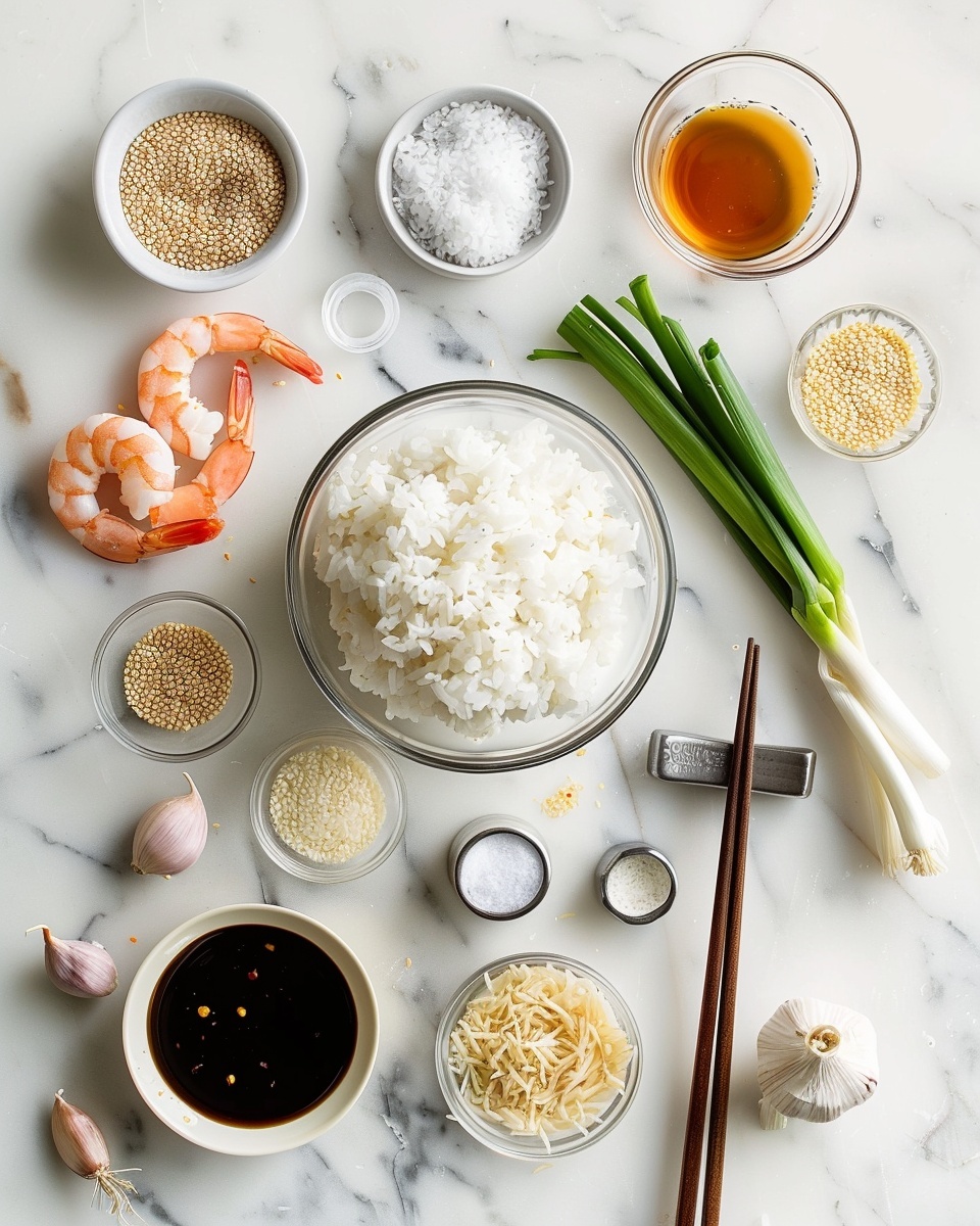 Single white plate showcasing a plated serving of shrimp fried rice molded into a neat cylindrical shape, topped with two large, glossy shrimp glazed in a light soy-based sauce and sprinkled with black and white sesame seeds and finely chopped green onions, close-up angle revealing the glossy, textured grains of rice mixed with small bits of carrot and green onion, placed on a white marble surface with natural lighting, styled like a food blog shot, intimate and detailed photo taken with an iphone --ar 4:5 --v 7