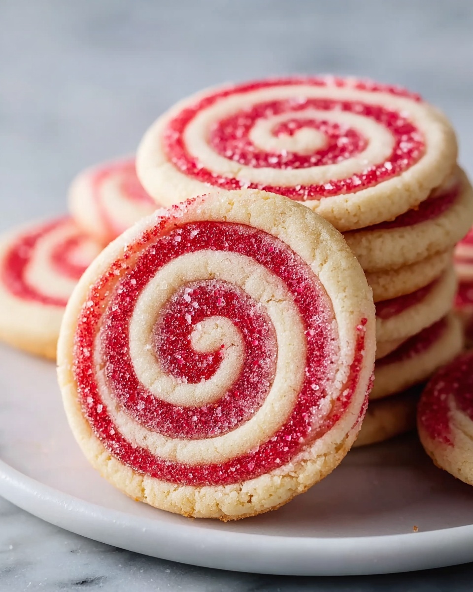 Large white serving platter filled with a full batch of spiral sugar cookies, each cookie showcasing a vivid red and white swirl pattern with a light dusting of sparkling sugar crystals, arranged neatly and overlapping slightly to highlight their uniform shape and festive decoration, natural light softly illuminating the cookies against a white marble background, professional food magazine hero shot, photo taken with an iphone --ar 4:5 --v 7