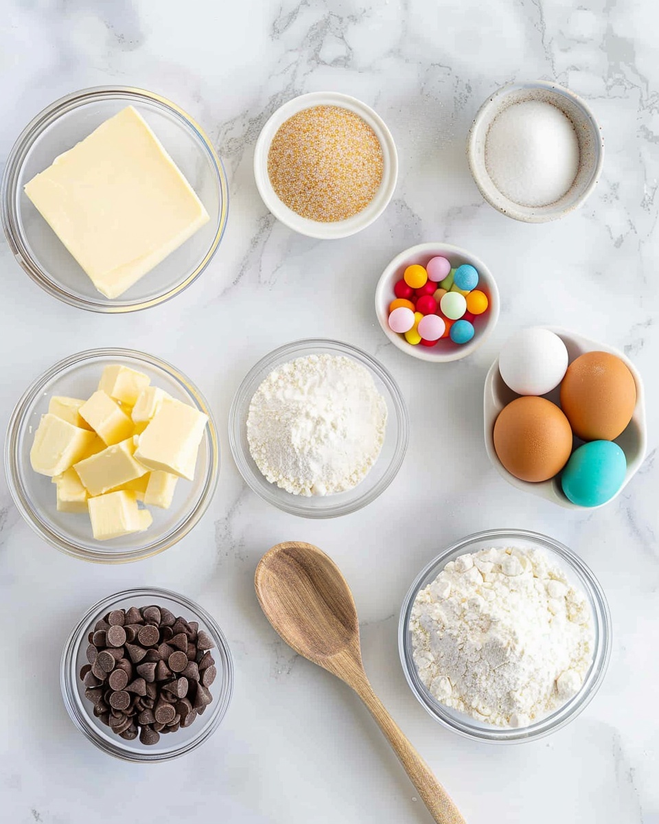 Single white plate featuring one large freshly baked cookie with visible chunks of chocolate and pastel-colored candy pieces embedded inside, broken open to reveal a soft, chewy interior texture and melty chocolate pockets, close-up angled view highlighting the cookie's golden edges and dense crumb, natural light illuminating the surface on a white marble background, styled as an individual serving ready to eat, photo taken with an iphone --ar 4:5 --v 7
