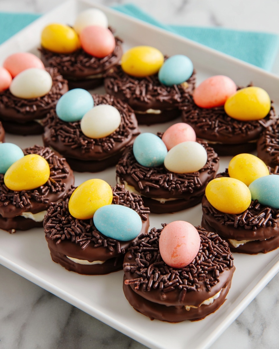 White rectangular platter filled with a complete collection of chocolate-dipped sandwich cookies, each topped with chocolate sprinkles and decorated with clusters of colorful pastel candy eggs in yellow, pink, white, and blue, arranged neatly to showcase the full assortment, photographed from a slightly elevated 3/4 angle on a white marble background with natural lighting, styled as a professional hero food shot photo taken with an iphone --ar 4:5 --v 7