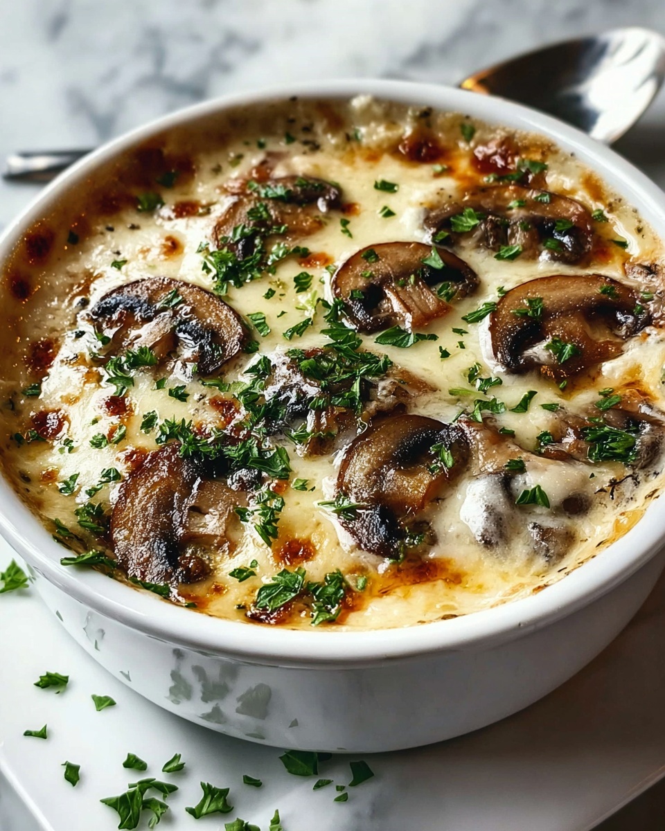 Large white ceramic baking dish filled with creamy mushroom casserole, topped with a generous layer of sautéed brown mushrooms, fresh chopped parsley, and melted cheese, golden brown along the edges, whole dish displayed on a white marble countertop with natural lighting, professional food magazine style photo taken with an iphone --ar 4:5 --v 7