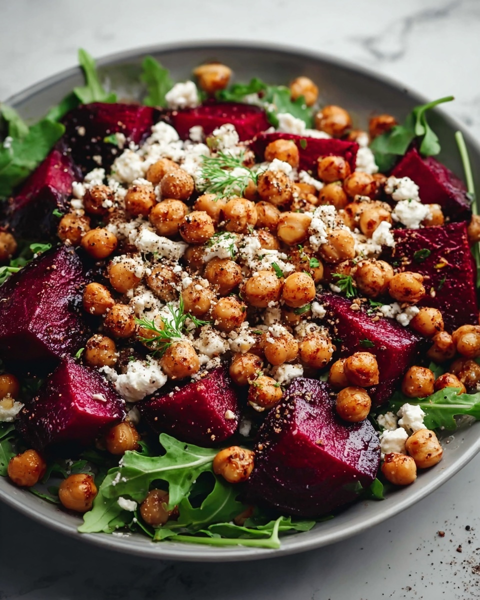 Large white bowl filled with a vibrant beet and chickpea salad, featuring whole roasted chickpeas and thick slices of deep red roasted beetroot, generously sprinkled with crumbled feta cheese and fresh parsley over a bed of arugula greens, all arranged beautifully with a light seasoning of cracked black pepper and spices, presented as a complete serving, photographed from a 3/4 angle on a white marble countertop under natural lighting, professional food magazine hero shot, photo taken with an iphone --ar 4:5 --v 7
