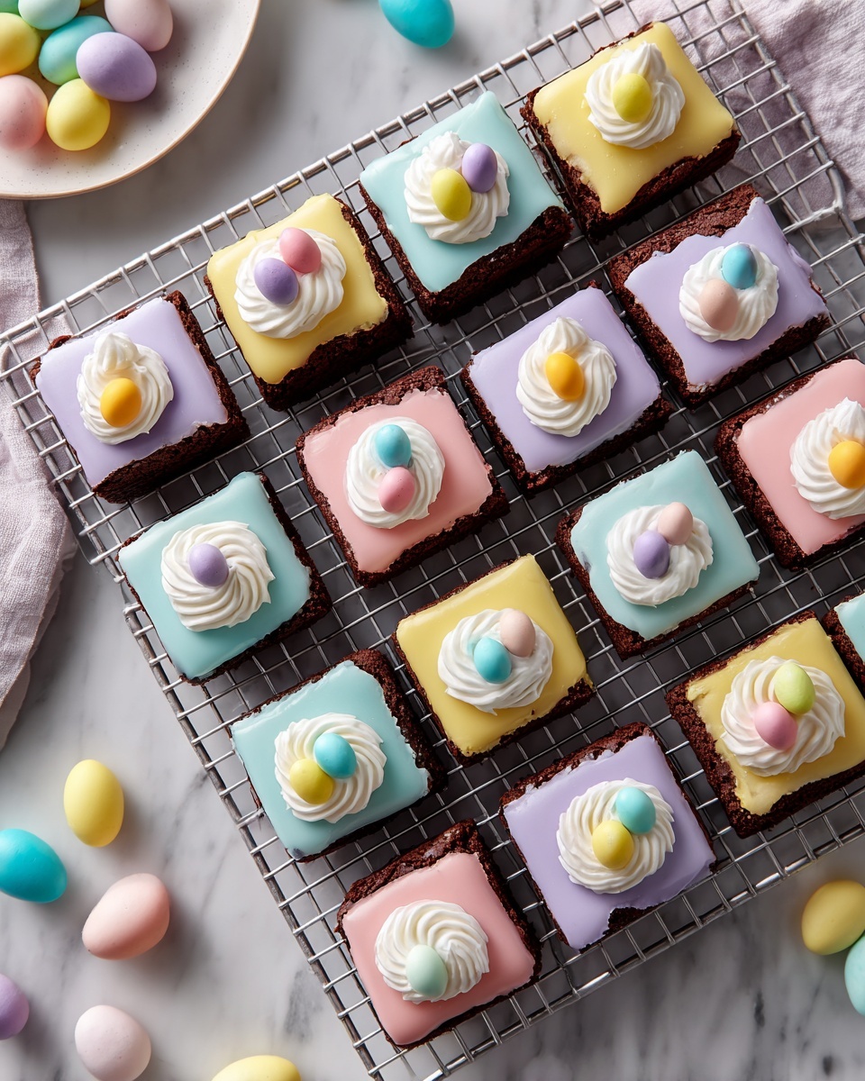 A white cooling rack filled with a full batch of square chocolate brownies topped with smooth pastel-colored fondant in shades of pink, yellow, blue, and lavender, each decorated with a swirl of white frosting and miniature candy eggs in coordinating soft pastel hues, arranged neatly in rows on a white marble surface with additional pastel candy eggs scattered around, captured from a 3/4 angle with natural lighting, styled as a vibrant spring or Easter dessert spread, photo taken with an iphone --ar 4:5 --v 7
