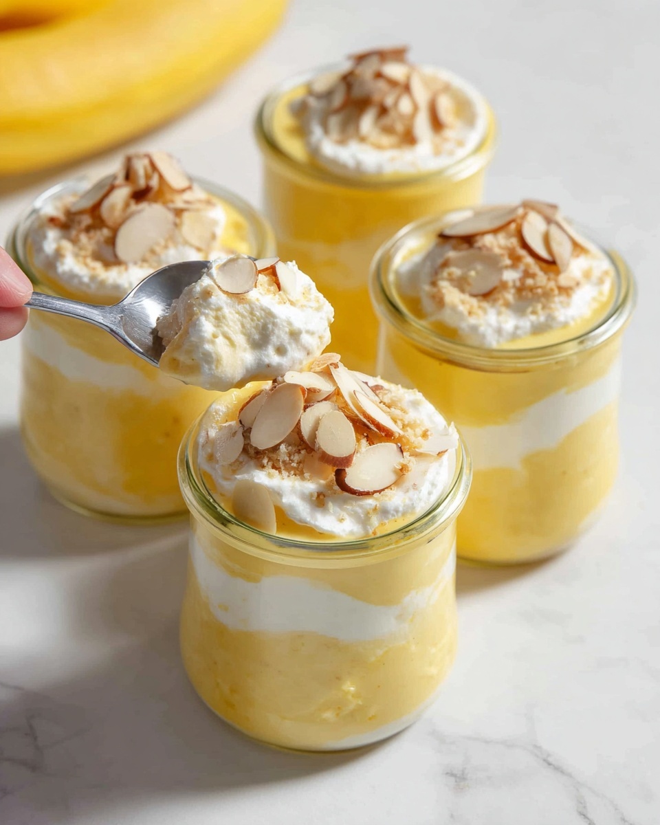 Vegan Banana Pudding Recipe 6 Four small white glass jars filled with creamy yellow mango mousse layered beautifully with white whipped cream and crushed nuts, topped with sliced almonds, arranged neatly in a cluster on a white marble countertop with natural lighting, professional 3/4 angle food magazine style shot capturing the entire dish in frame, photo taken with an iphone --ar 4:5 --v 7
