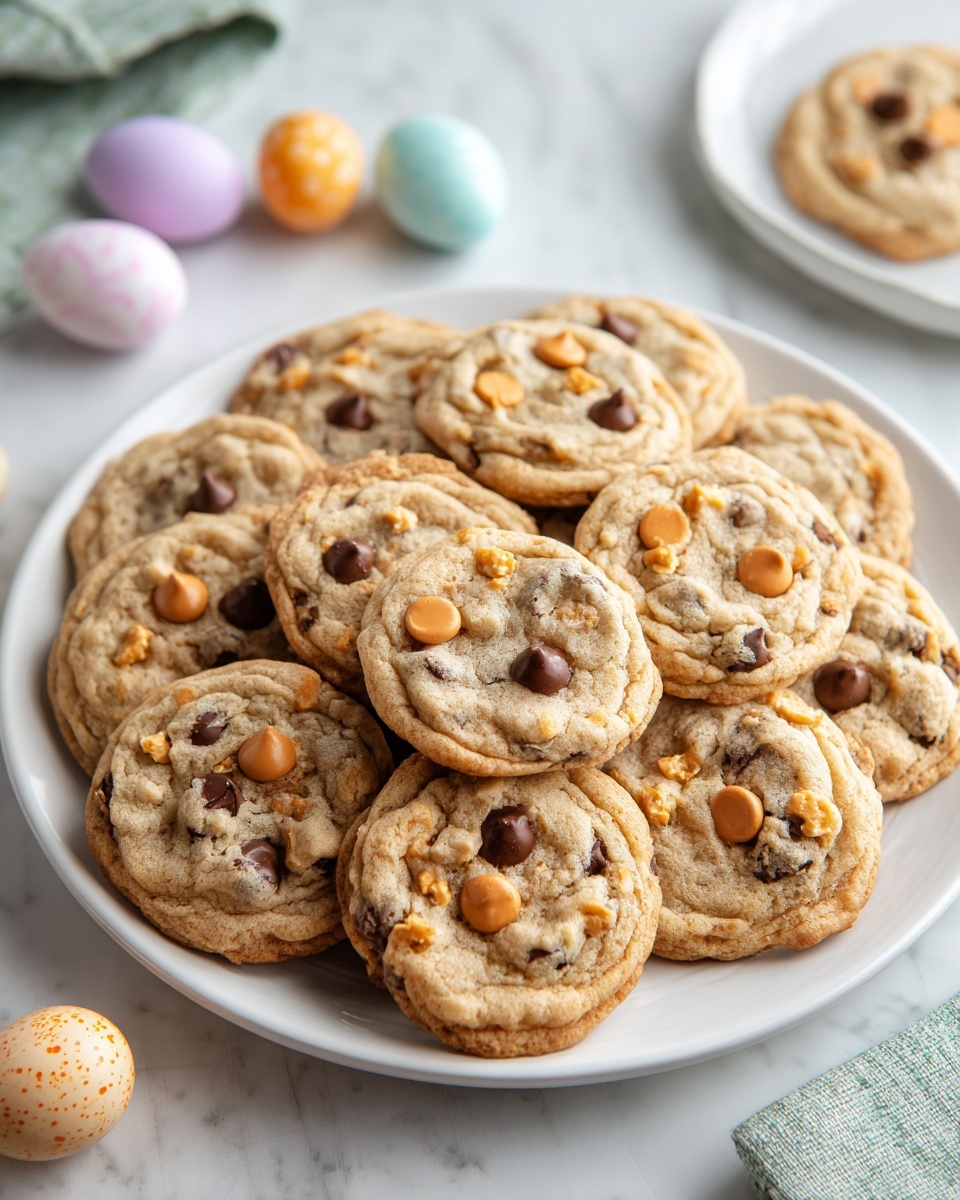 Chocolate Chip Caramel Cookies Recipe 6 Large white round plate filled with a full batch of freshly baked chocolate chip and butterscotch chip cookies, the cookies golden brown with slightly crisp edges and soft centers, generously studded with glossy chocolate and butterscotch morsels, arranged in a neat circular pattern, set on a pristine white marble countertop with pastel-colored decorative Easter eggs softly blurred in the background, natural lighting highlighting the textures and warm tones, a professional food magazine style hero shot taken with an iphone --ar 4:5 --v 7