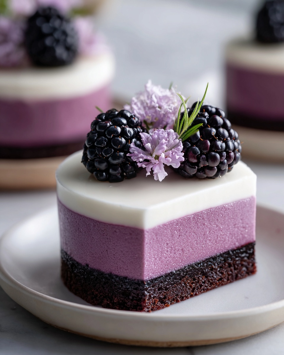 A pristine white round cake featuring a smooth, creamy lavender mousse layer atop a rich chocolate base, beautifully decorated with plump, glossy blackberries arranged evenly on top and adorned with delicate light purple edible flowers and small green leaves, the entire uncut cake displayed on a simple white plate, photographed from a professional 3/4 angle on a white marble countertop with natural lighting, styled like a food magazine hero shot, photo taken with an iphone --ar 4:5 --v 7