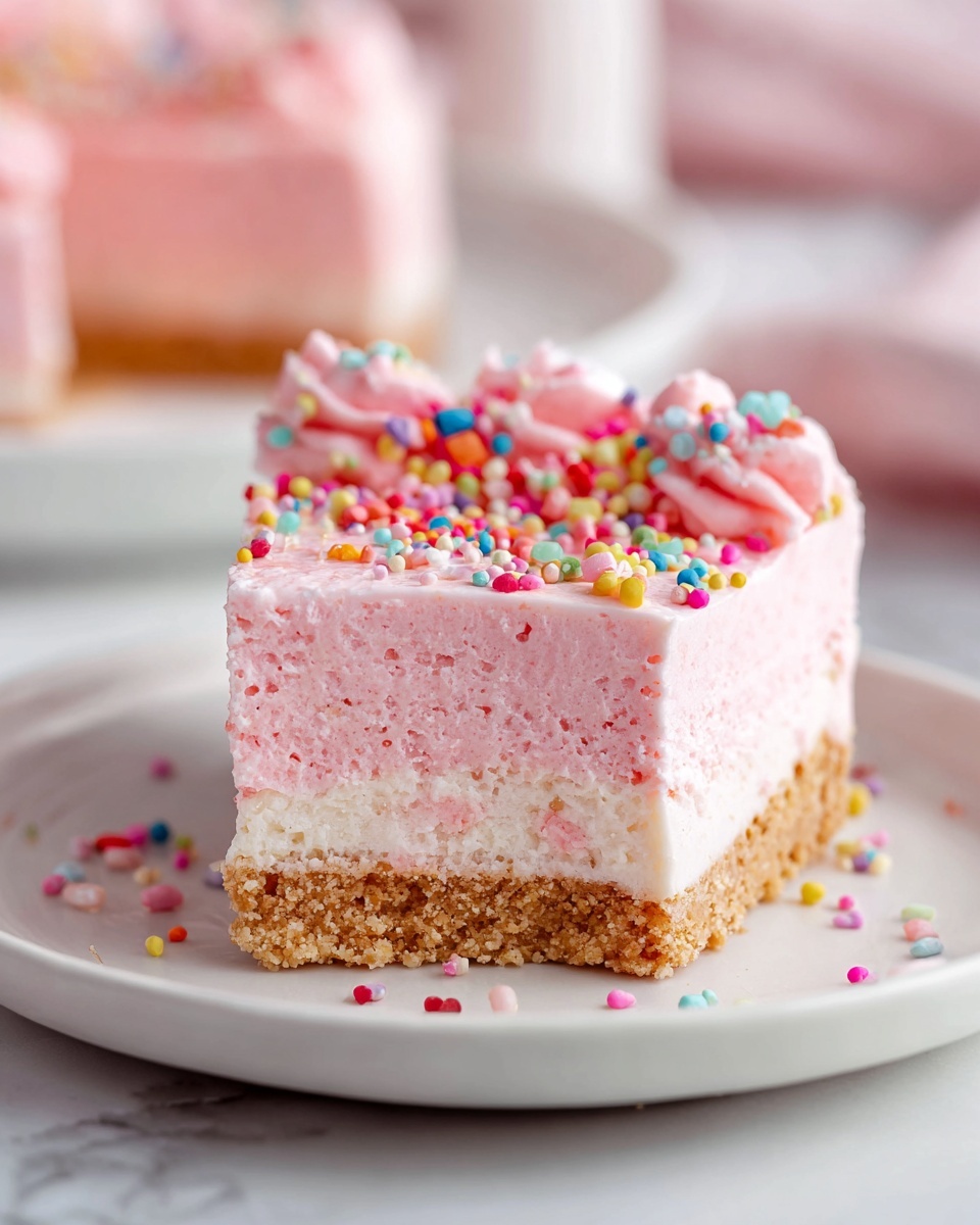Full rectangular white serving platter displaying an entire batch of pink frosted bakery-style sheet cake squares, each generously coated with smooth pastel pink icing and sprinkled with colorful round confetti sprinkles, edges clean and intact with no slices removed, arranged neatly in a grid pattern, photographed from a 3/4 angle on a white marble background with natural light, presented as a polished hero shot suitable for a food magazine, photo taken with an iphone --ar 4:5 --v 7
