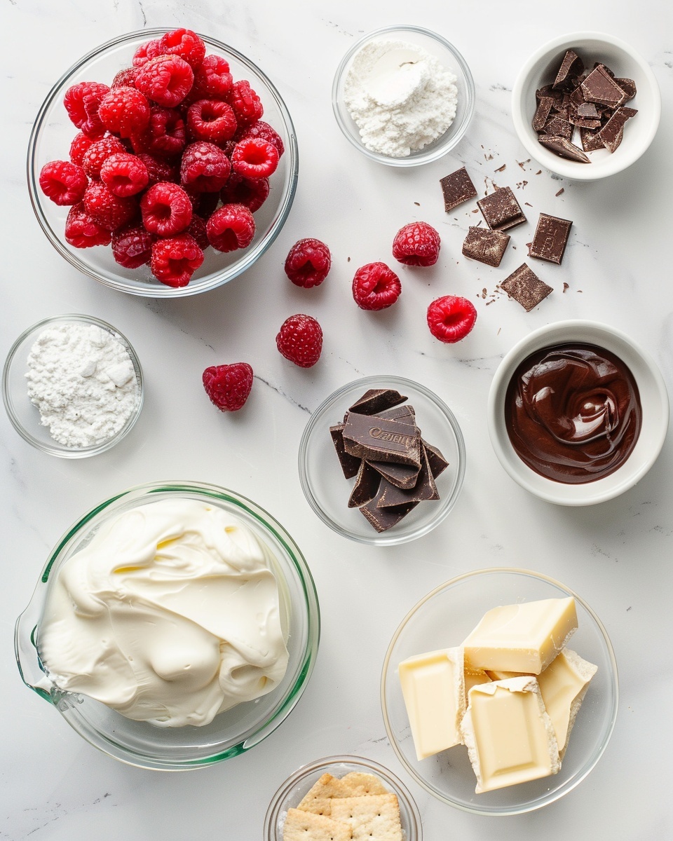 A single slice of rich chocolate and raspberry mousse cake elegantly plated on a pristine white plate, showcasing the moist dark chocolate base layered with creamy white mousse embedded with vibrant whole raspberries, topped with a glossy dark chocolate ganache dripping slightly over the sides, garnished with a fresh raspberry and a small mint leaf on top, sprinkled with crunchy cacao nibs, all set against a white marble background with natural soft lighting highlighting the smooth textures and vibrant colors, intimate close-up angled shot revealing the luscious interior layers, photo taken with an iphone --ar 4:5 --v 7