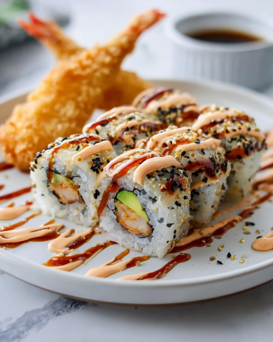 Spicy Tuna and Tempura Shrimp Dynamite Roll Recipe 6 Large white serving platter showcasing an impressive whole sushi meal featuring an entire uncut sushi roll with visible fillings of avocado, cucumber, and tempura shrimp, all beautifully drizzled with rich spicy mayo and eel sauce, accompanied by several perfectly golden, whole tempura shrimp arranged neatly alongside, with black sesame seeds artistically scattered around the plate, photographed from a professional 3/4 angle over a white marble countertop with natural lighting, capturing the full, complete dish in a food magazine style hero shot, photo taken with an iphone --ar 4:5 --v 7