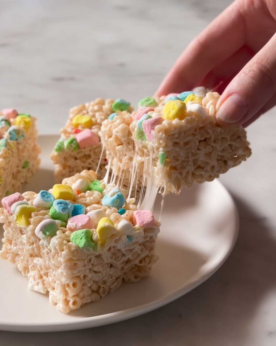 Large white rectangular dish filled with a whole, uncut tray of classic marshmallow rice cereal treats mixed with colorful fruity loop marshmallows, showing the full glossy, slightly sticky texture and embedded cereal pieces, arranged neatly in a perfect solid block with vibrant pastel marshmallow shapes scattered throughout, photographed from a slight 3/4 angle on a white marble background with natural lighting, professional food styling photo taken with an iphone --ar 4:5 --v 7