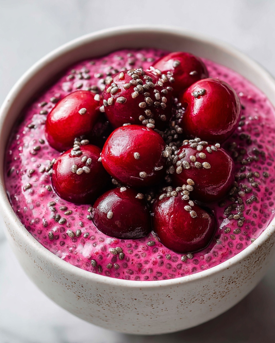 Cherry Chia Pudding Recipe 6 Large white serving bowl filled with vibrant purple cherry chia pudding, topped with a generous layer of glossy whole cherries, scattered chia seeds, and small clusters of white nuts for texture, whole dish photographed from a 3/4 angle on a white marble countertop, natural lighting emphasizing the freshness and rich colors, professional food styling photo taken with an iphone --ar 4:5 --v 7