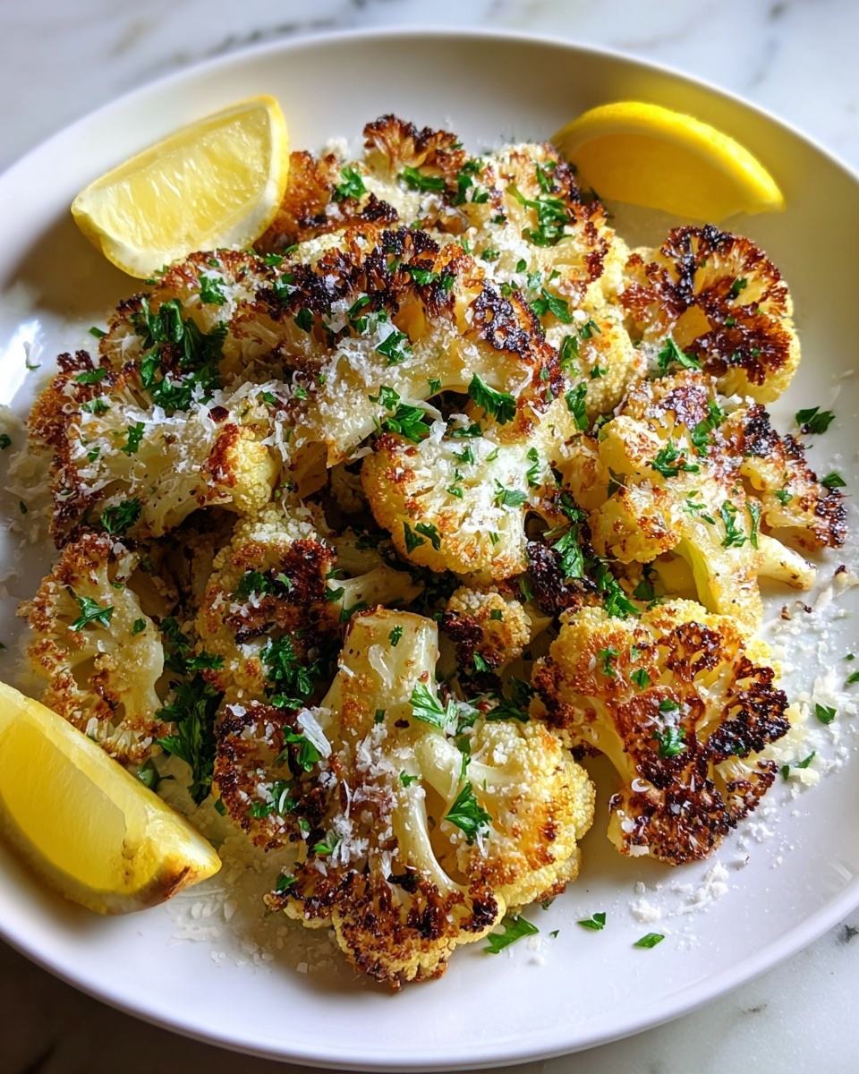 Large white serving bowl filled with an entire batch of golden roasted cauliflower steaks, each slice evenly charred and caramelized to perfection, topped with freshly grated Parmesan cheese and finely chopped green herbs, showcasing a rustic yet elegant presentation. The dish is displayed against a white marble countertop, captured in natural lighting from a 3/4 angle shot, emphasizing the texture and vibrant colors like a hero shot in a professional food magazine, photo taken with an iphone --ar 4:5 --v 7