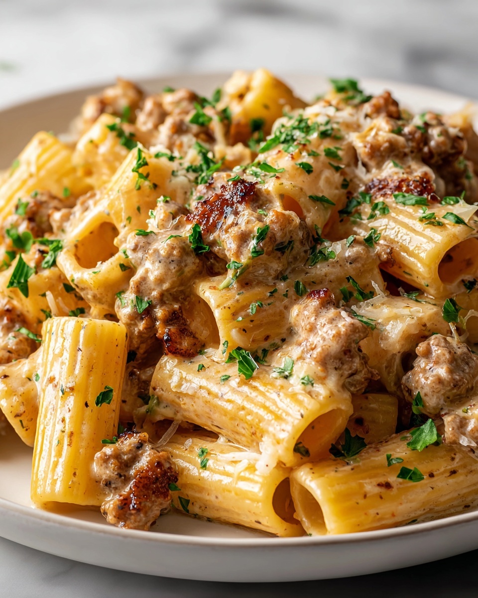 Large white ceramic baking dish filled with creamy Italian sausage rigatoni, rigatoni pasta fully coated in a rich, cheesy cream sauce mixed with browned crumbled Italian sausage and garnished with freshly chopped parsley, the whole dish presented from a professional 3/4 angle shot on a white marble countertop with natural lighting, styled like a hero food magazine photo, photo taken with an iphone --ar 4:5 --v 7