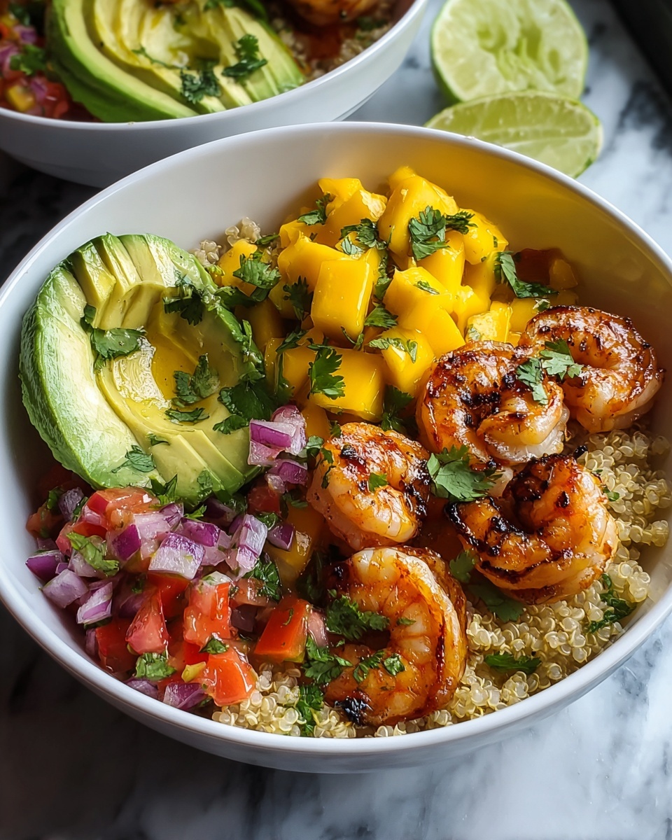 A large white bowl filled with a vibrant shrimp quinoa salad featuring perfectly grilled seasoned shrimp arranged over a fluffy bed of quinoa, accompanied by neatly sliced fresh avocado, juicy mango salsa with finely chopped red onions, red bell peppers, and cilantro, all garnished with fresh herbs, shown from a 3/4 angle on a white marble background with natural lighting, styled as a professional food magazine hero shot, photo taken with an iphone --ar 4:5 --v 7