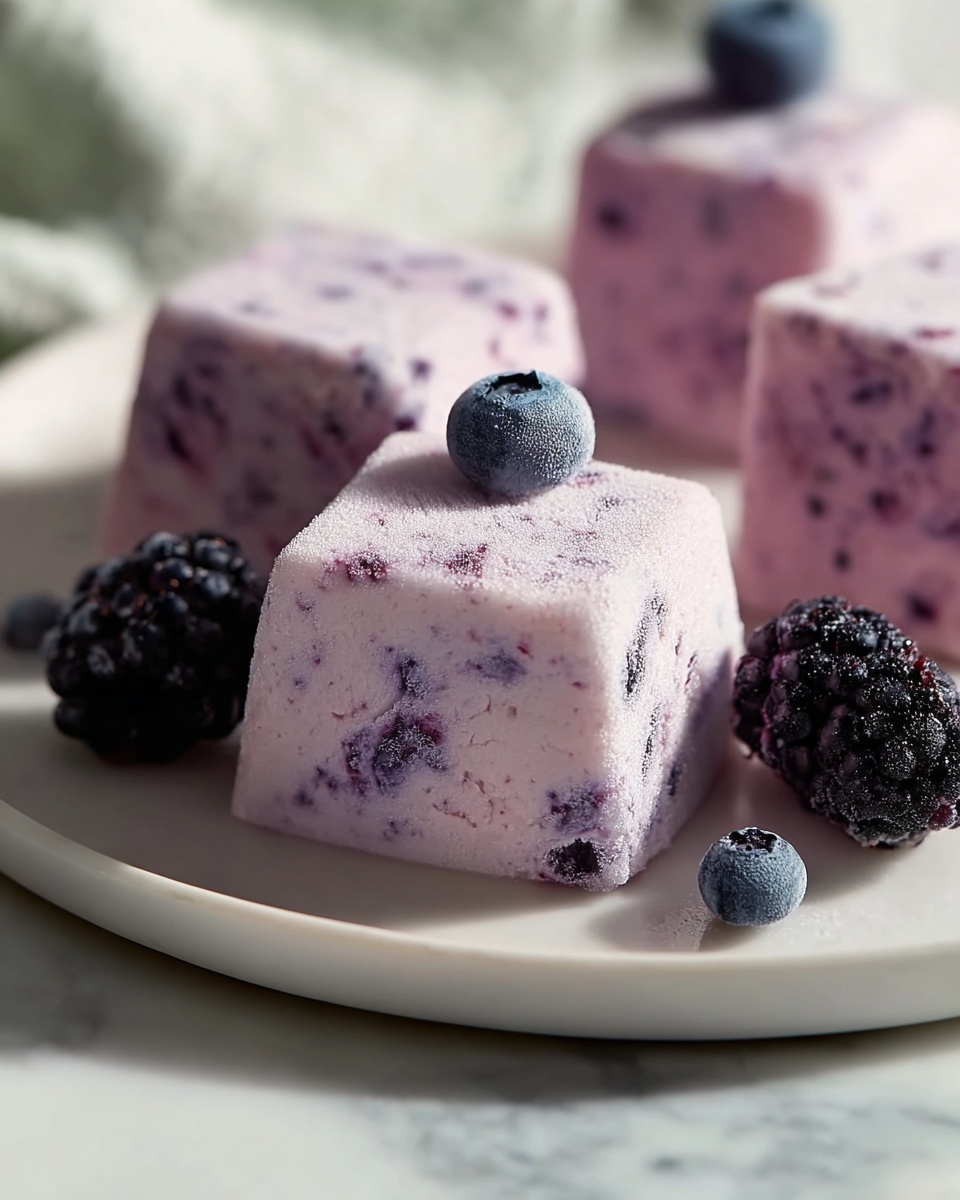 Large white bowl filled with numerous fluffy, square-shaped lavender-hued marshmallows speckled with tiny dark berry pieces, surrounded by fresh blueberries and blackberries scattered artfully around the bowl, whole dish photographed at a close 3/4 angle on a white marble surface with natural lighting, professional food magazine hero shot photo taken with an iphone --ar 4:5 --v 7